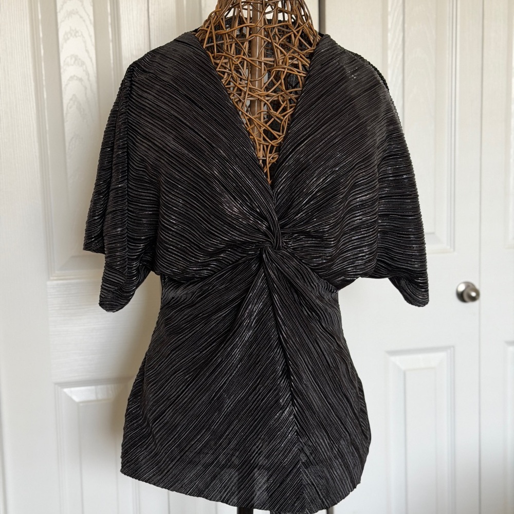 OAK + FORT Black Twist-Knot Pleated V-Neck Blouse